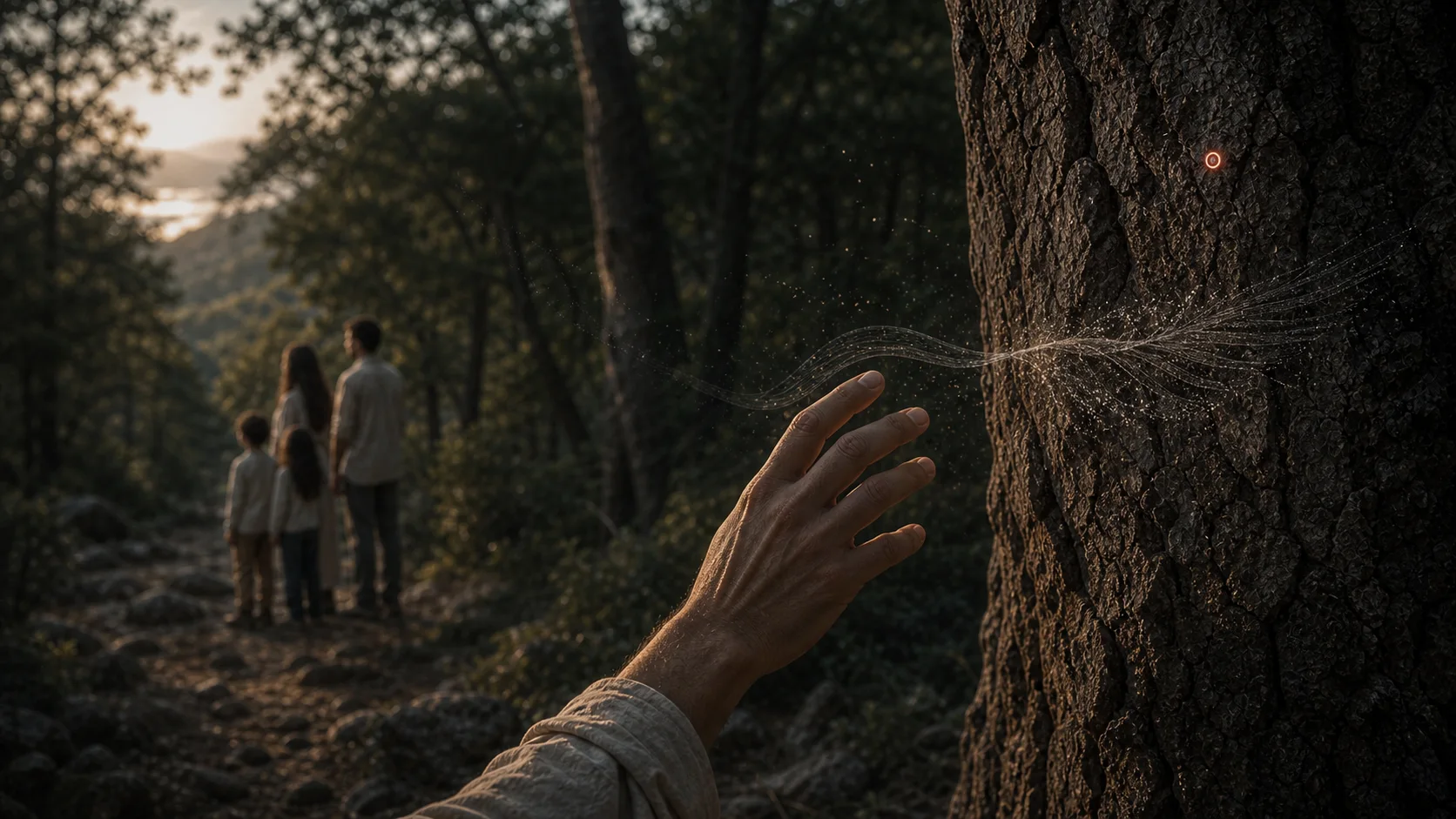Une main révèle une trace lumineuse dans l'écorce d'un arbre du Rif